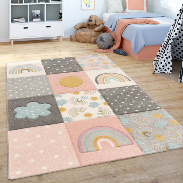 Zoomie Kids Calvo Kids Rainbow Clouds Power Loom Pink/Grey/Beige Rug
